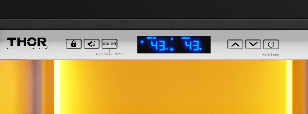 Thor wine cooler 24-Inch Single Zone Wine Cooler, 45 Wine Bottle Capacity – Model TWC24UL, front closeup controls