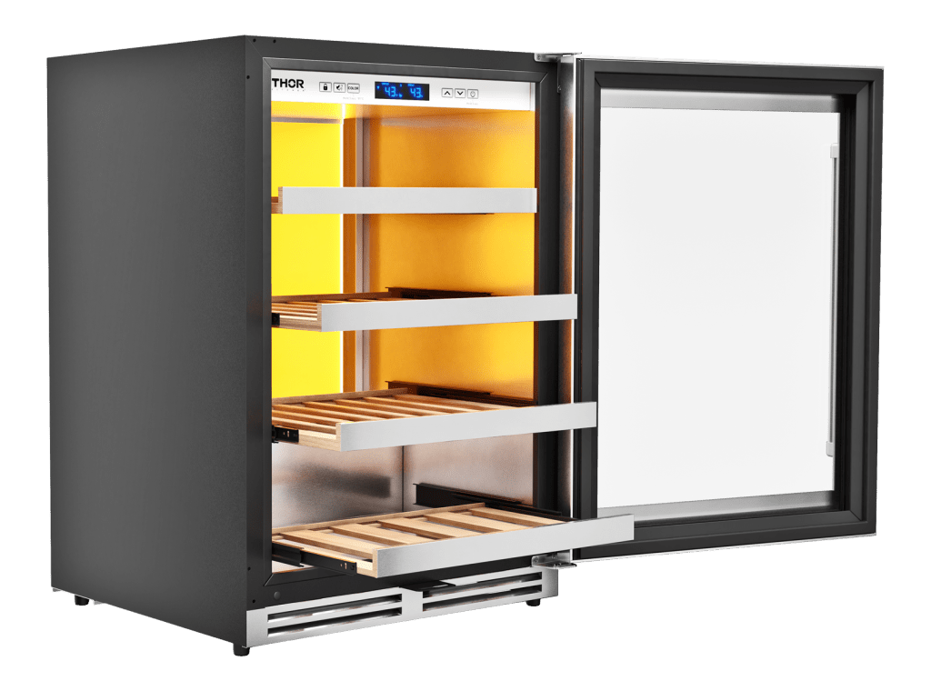 Thor wine cooler 24-Inch Single Zone Wine Cooler, 45 Wine Bottle Capacity – Model TWC24UL, left open