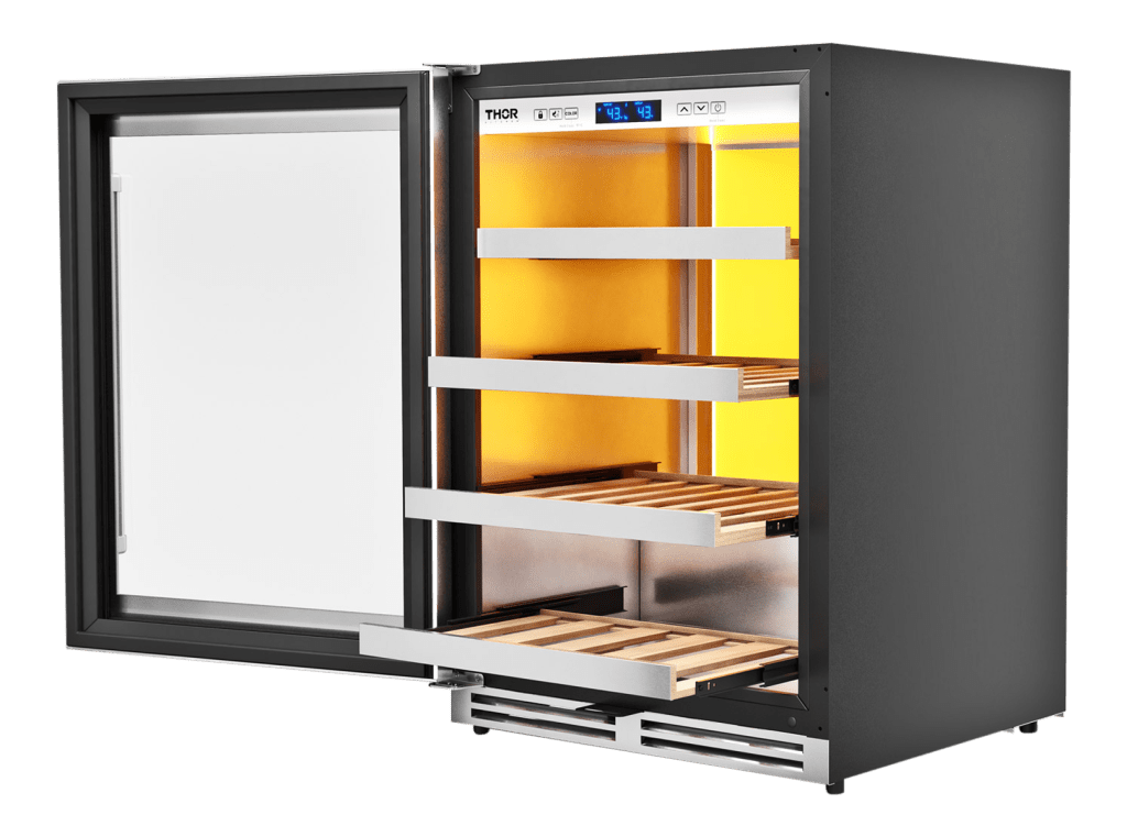 Thor wine cooler 24-Inch Single Zone Wine Cooler, Left Swing, 45 Wine Bottle Capacity – Model TWC24UL-LH, open