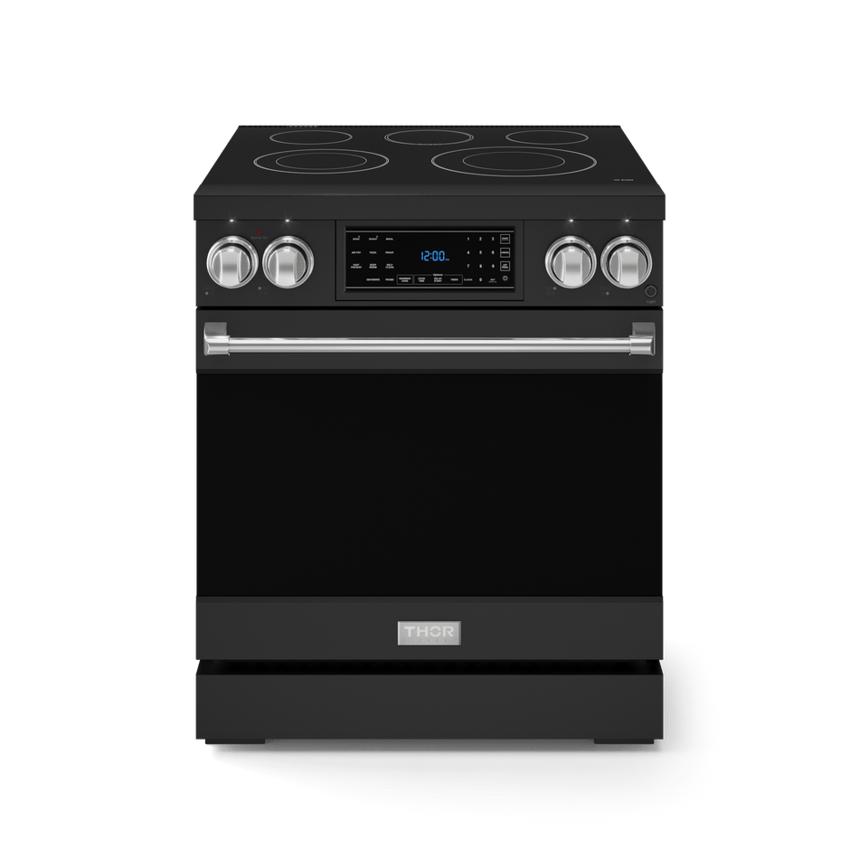 Gordon Ramsay by Thor 30-Inch professional electric range with air fry, true convection, self-clean, tilt panel touch control, and high-performance burners, front side closed view, RSE30B-SS