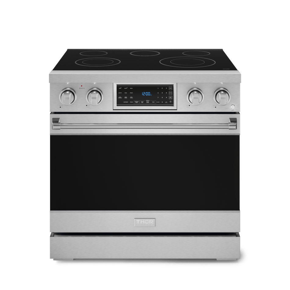 Gordon Ramsay by Thor 36” professional electric range with air fry, self-clean, true convection, tilt panel touch control, and high-performance radiant burners, front closed.