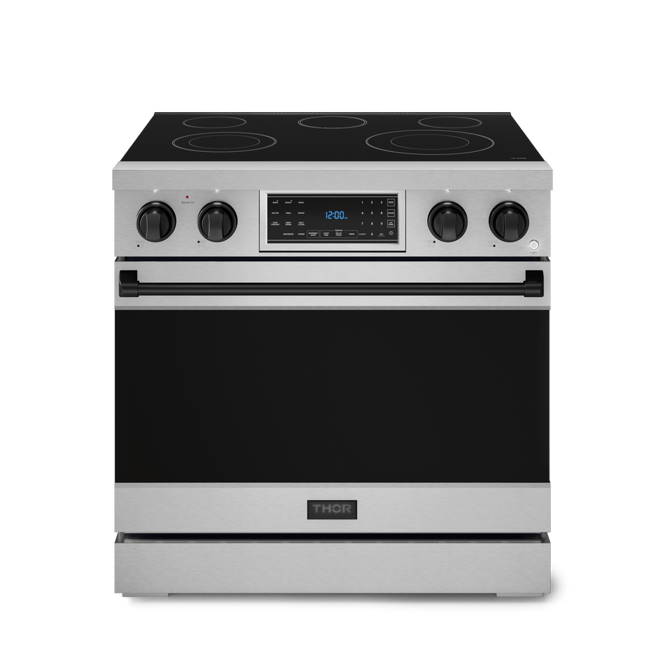 Gordon Ramsay by Thor 36” Professional Electric Range with air fry, self-clean, true convection, tilt panel touch control, and high-performance burners, front side closed view, RSE36-BLK