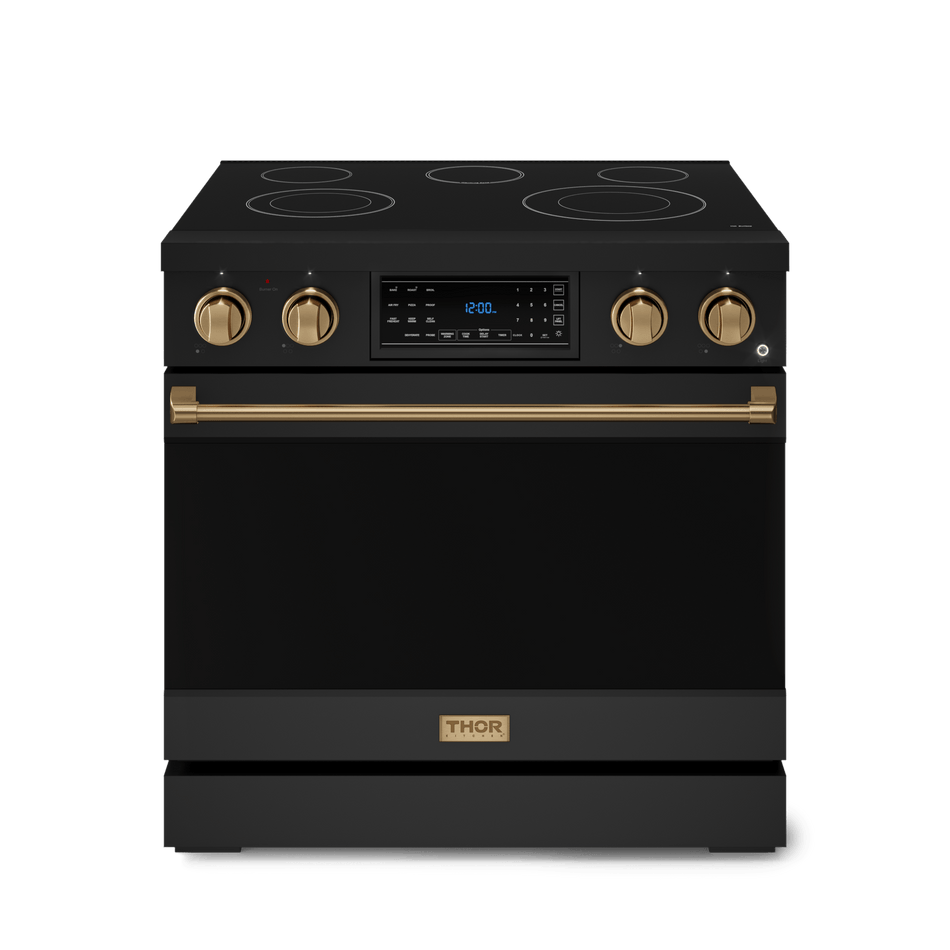 Gordon Ramsay by Thor Kitchen 36-Inch Professional Electric Range (RSE36B-BRZ) – High-performance electric range with air-fry function, true convection, and self-cleaning oven black with bronze accents, front side closed