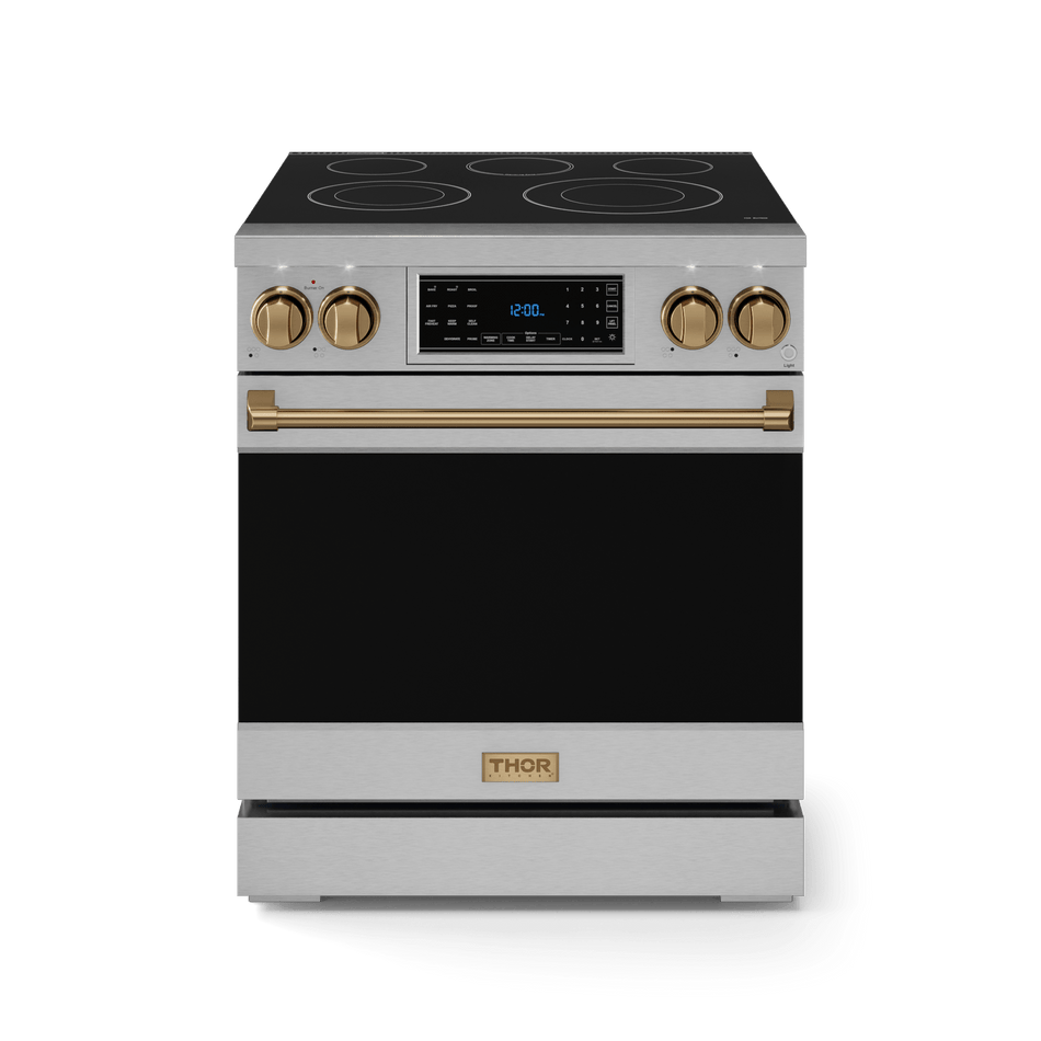 Gordon Ramsay by Thor electric range 30-inch professional with touch control, tilt panel, self-clean, and air fry in stainless steel with bronze accents, front closed, RSE30-BRZ