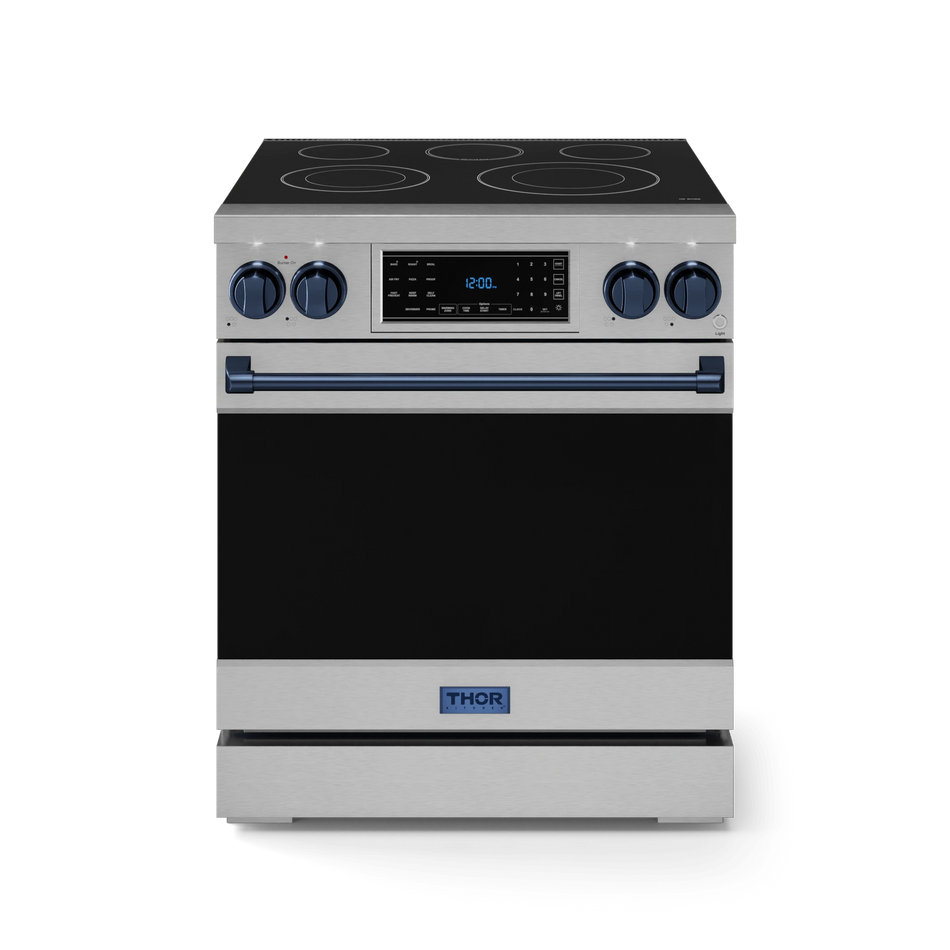 Gordon Ramsay by Thor Electric Range 30-Inch  in Stainless Steel with Navy Blue Accents – Touch Control, Tilt Panel, Self-Clean, Air Fry, RSE30-BLU, front closed