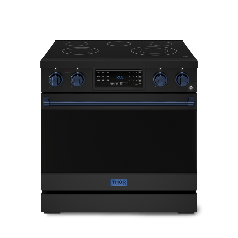 Gordon Ramsay by Thor Kitchen 36-Inch Professional Electric Range with high-performance burners, air-fry feature, true convection, and sleek modern design, front side closed view, RSE36B-BLU