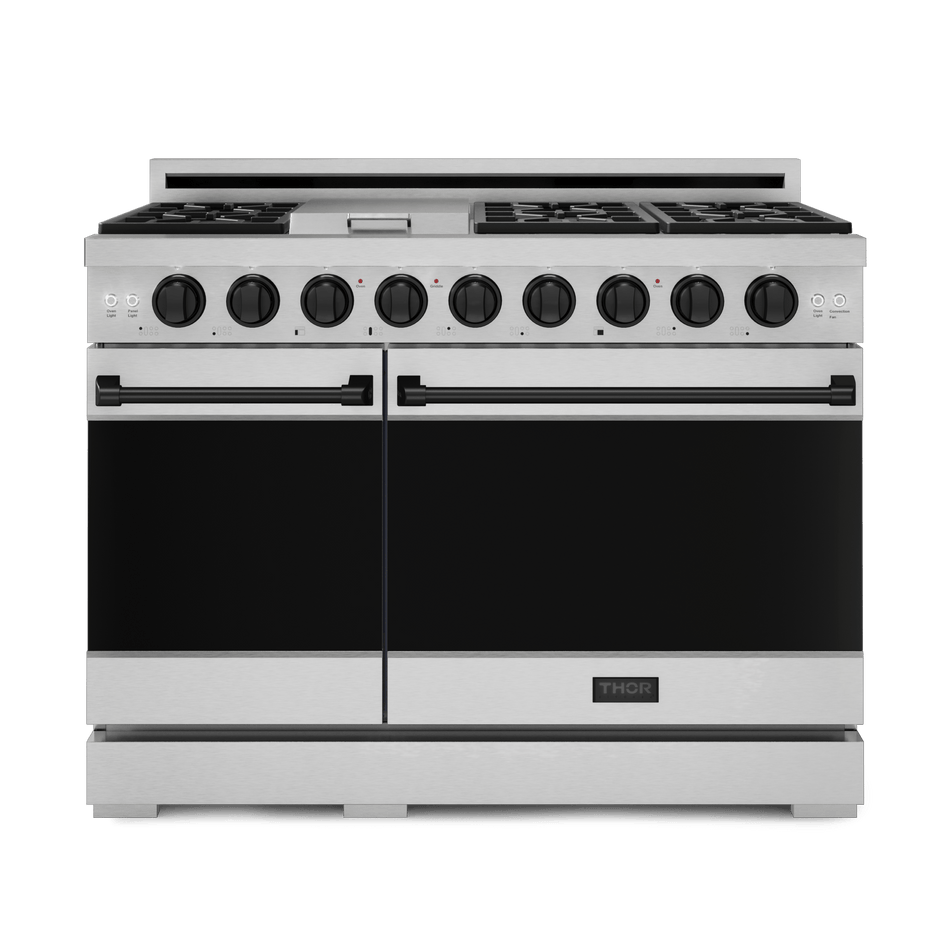 Gordon Ramsay by THOR Kitchen 48" Gas Range GR4807U with dual ovens, high-performance burners, 15,000 BTU griddle, and commercial convection fan for pro cooking, front side closed view