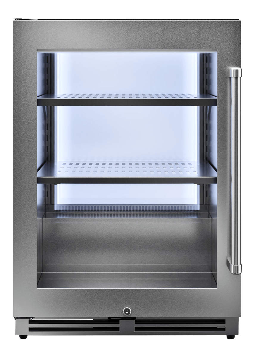 THOR Beverage Cooler 24-Inch Left Door Swing Undercounter Beverage Cooler with triple-pane glass, zero-clearance hinge, amber LED lighting, and sleek stainless-steel design, TBR24U-LH