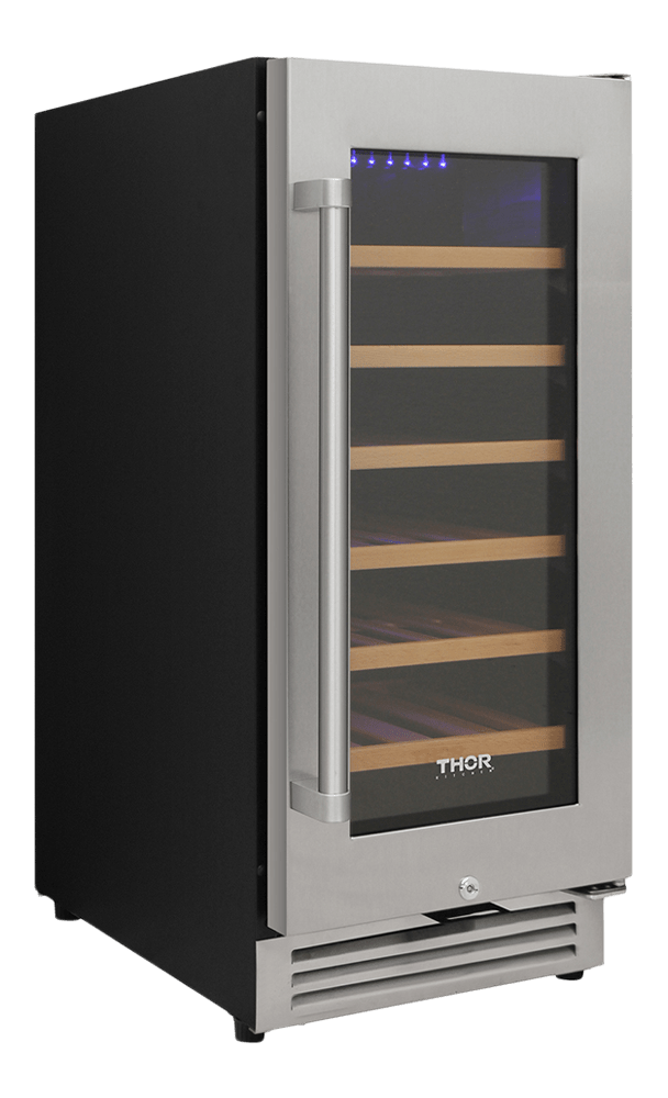 Thor Wine Cooler 15-Inch Single Zone with 33-bottle capacity, precise temperature control, UV-protected glass door, LED lighting & charcoal filtration, left side, TWC1501