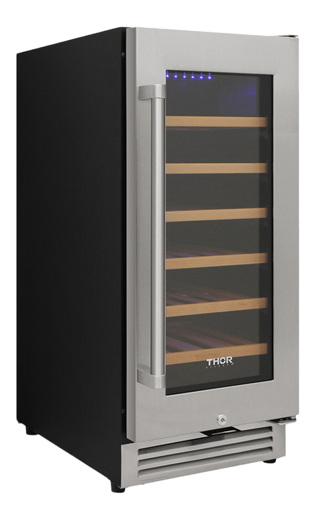 Thor Wine Cooler 15-Inch Single Zone with 33-bottle capacity, precise temperature control, UV-protected glass door, LED lighting & charcoal filtration, left side, TWC1501