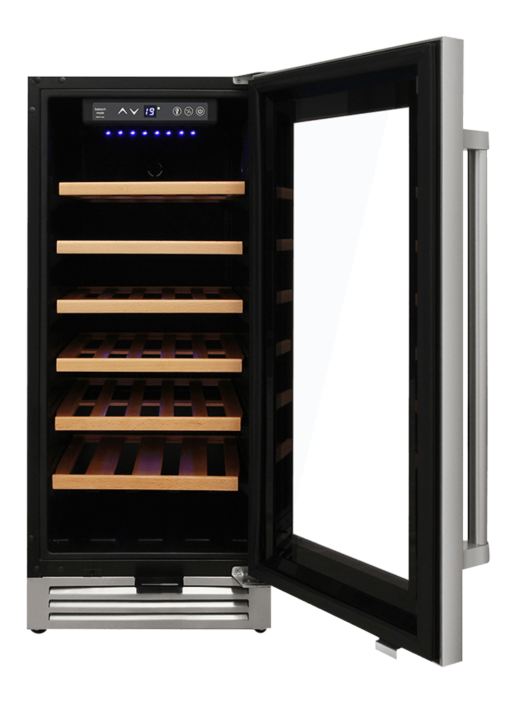 Thor Wine Cooler 15-Inch Single Zone with 33-bottle capacity, precise temperature control, UV-protected glass door, LED lighting & charcoal filtration, open door, TWC1501