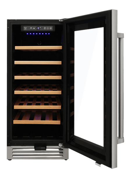 Thor Wine Cooler 15-Inch Single Zone with 33-bottle capacity, precise temperature control, UV-protected glass door, LED lighting & charcoal filtration, open door, TWC1501