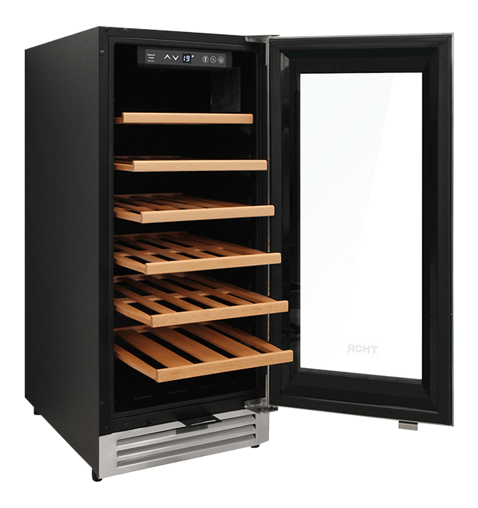Thor Wine Cooler 15-Inch Single Zone with 33-bottle capacity, precise temperature control, UV-protected glass door, LED lighting & charcoal filtration, door open, TWC1501