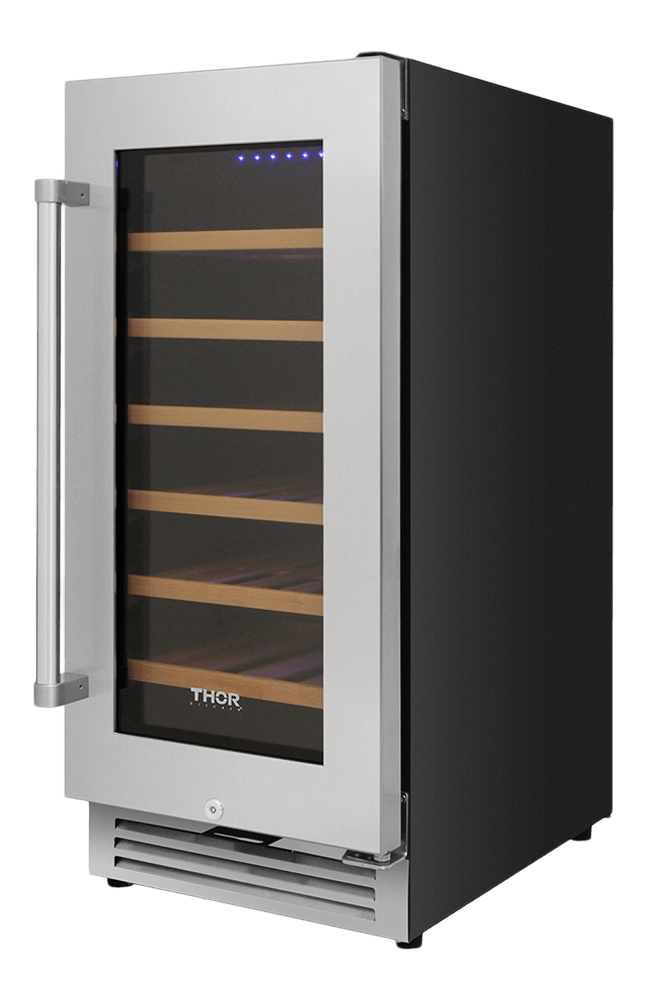 Thor Wine Cooler 15-Inch Single Zone with 33-bottle capacity, precise temperature control, UV-protected glass door, LED lighting & charcoal filtration, right side, TWC1501
