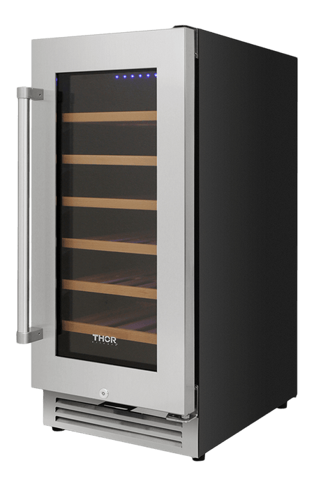 Thor Wine Cooler 15-Inch Single Zone with 33-bottle capacity, precise temperature control, UV-protected glass door, LED lighting & charcoal filtration, right side, TWC1501