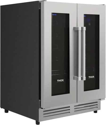 Left side view of the Thor Wine Cooler 24-Inch, 42 Bottle Dual Zone, Built-in or Freestanding, Stainless Steel – TWC2402, perfect for wine storage and preservation