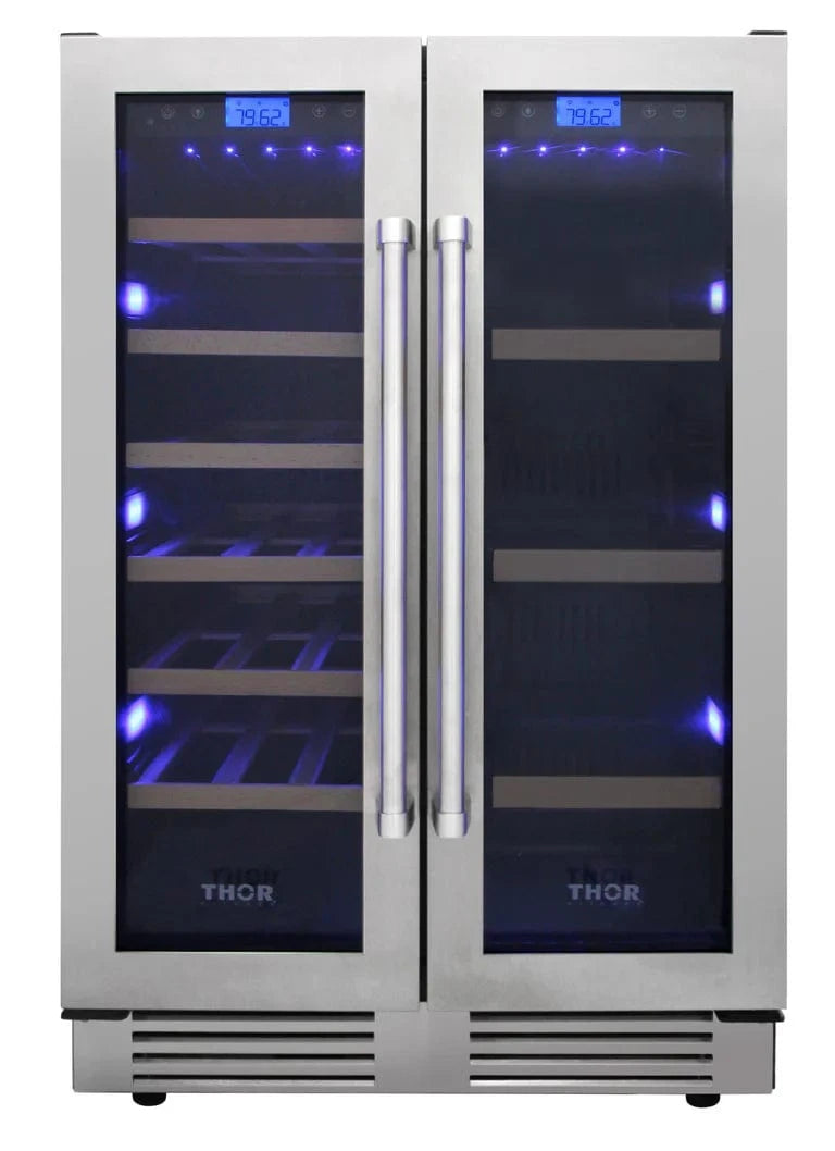Closed front view of Thor wine cooler. Thor 24-Inch French Door Wine and Beverage Center TBC2401DI, dual-zone cooler for 21 bottles and 95 cans with stainless steel finish and LED lights