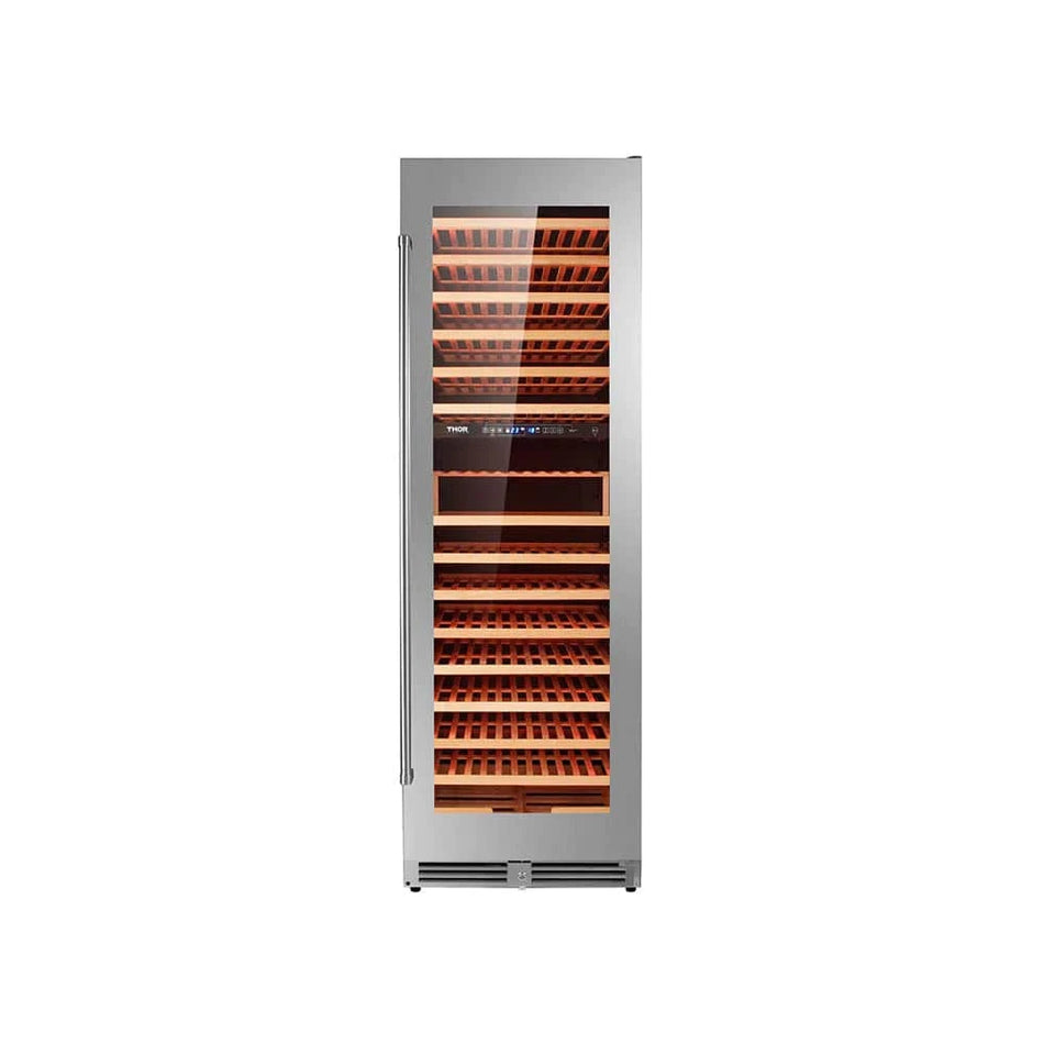 THOR  Wine Cooler Dual Zone with 162-bottle capacity, dual temperature zones, sleek black design, and wood-front racks for optimal wine storage and preservation, front side closed, TWC2403DI