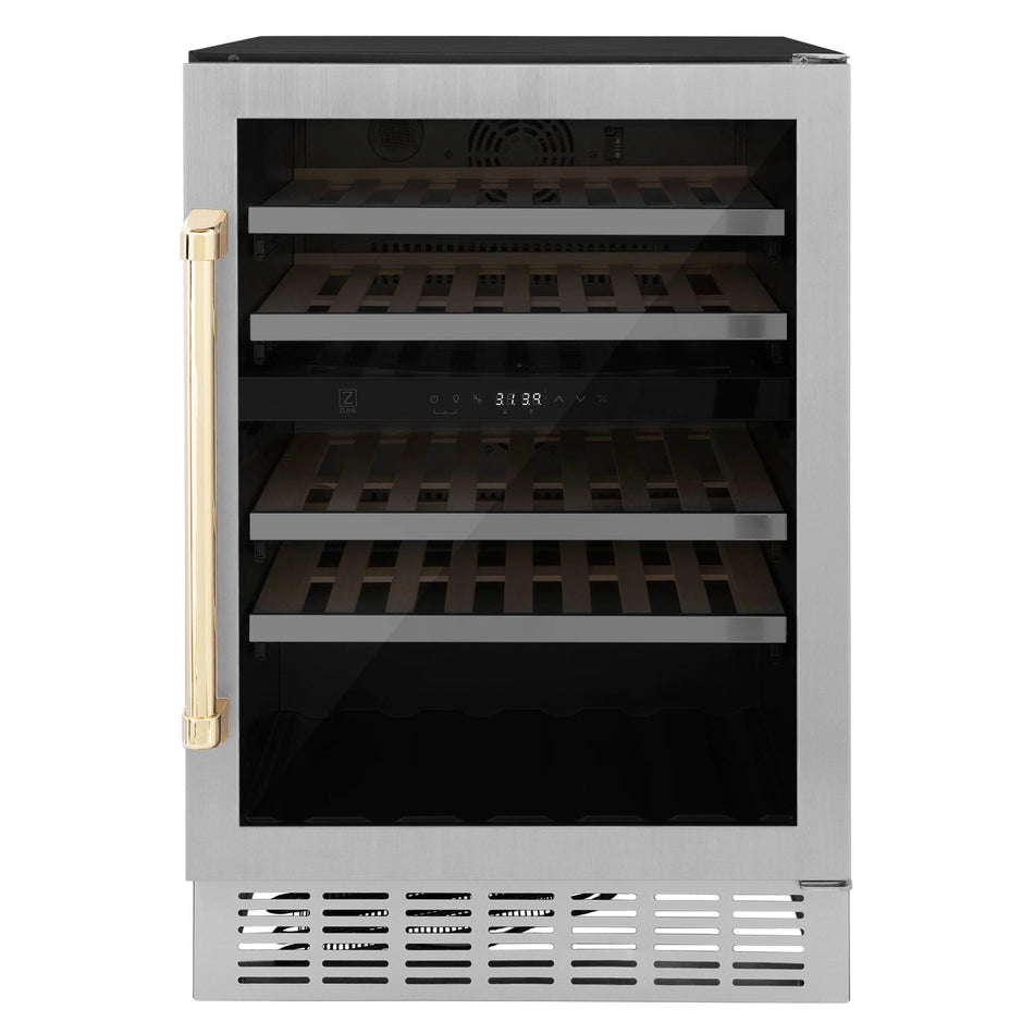 ZLINE 24" Monument Autograph Edition Dual Zone 44-Bottle Wine Cooler in Stainless Steel with Polished Gold Accents, RWVZ-UD-24-G