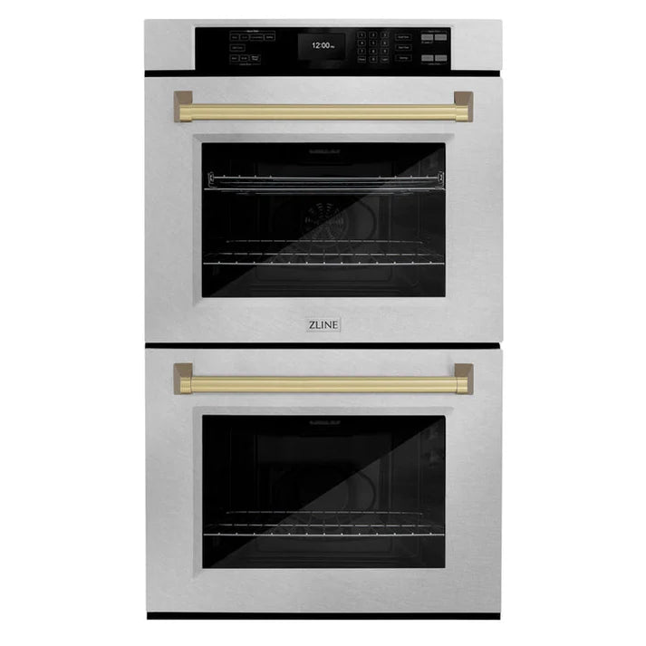 ZLINE 30" Autograph Double Wall Oven with Air Fry and Self-Clean in DuraSnow® Stainless Steel and Champagne Bronze Handle, WADSZ-30-CB