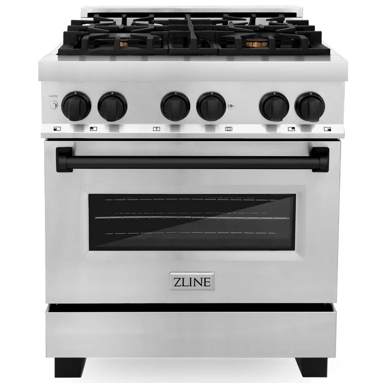 ZLINE Autograph 30" 4.0 cu. ft. Dual Fuel Range in Stainless Steel with Black Matte Accents, RAZ-30-MB