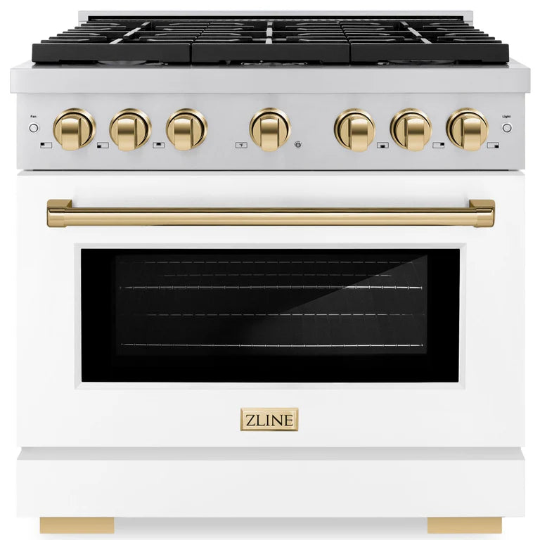 ZLINE Autograph Paramount 36" 5.2 cu. ft. Gas Range with Convection Gas Oven in Stainless Steel with White Matte Door and Gold Accents, SGRZ-WM-36-G