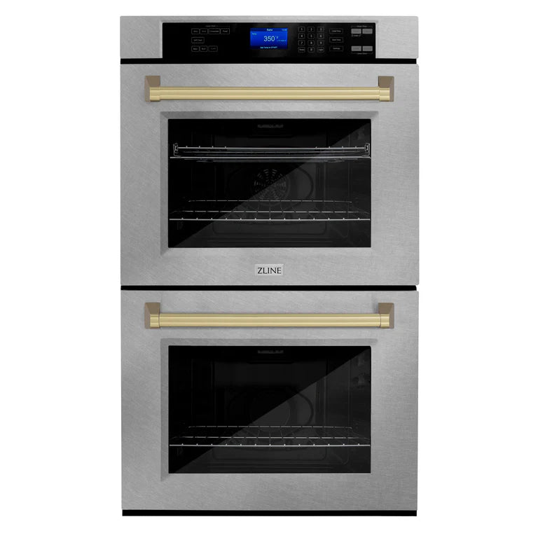 ZLINE 30 In. Autograph Edition Double Wall Oven with Self Clean and True Convection in DuraSnow® Stainless Steel and Champagne Bronze, AWDSZ-30-CB