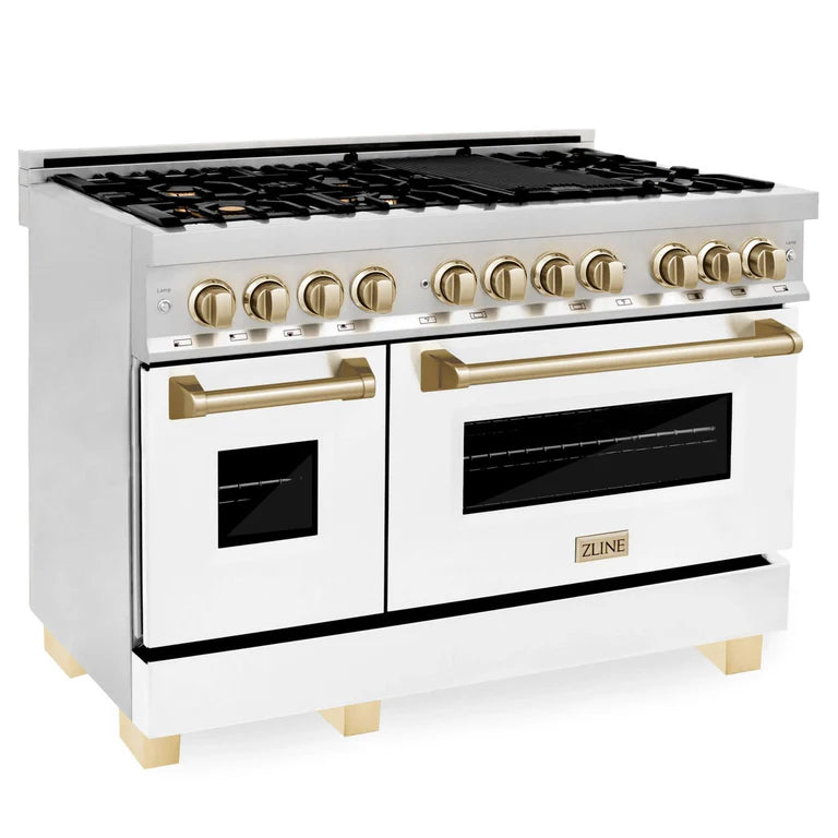 ZLINE Autograph 48" 6.0 cu. ft. Dual Fuel Range with White Matte Door and Gold Accents, RAZ-WM-48-G