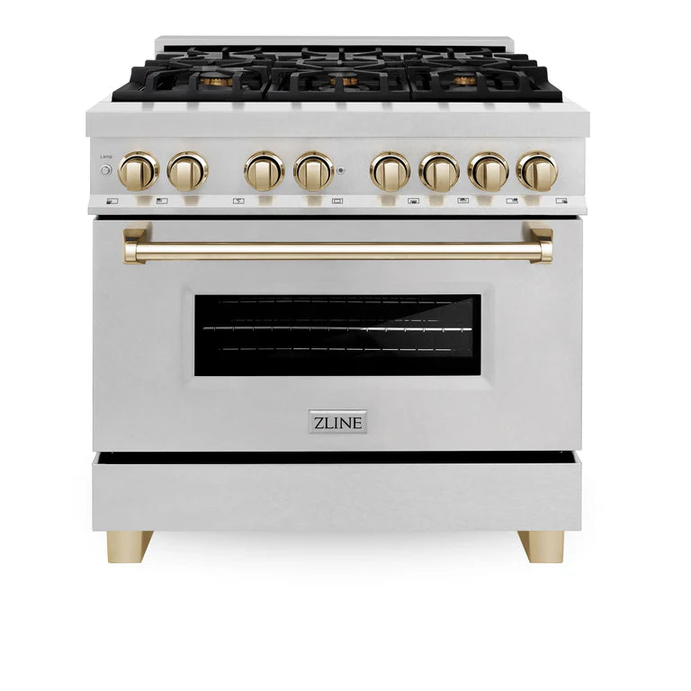 ZLINE Autograph Edition 36 In. Range, Gas Stove and Electric Oven in DuraSnow® Stainless Steel with Gold Accent, RASZ-SN-36-G