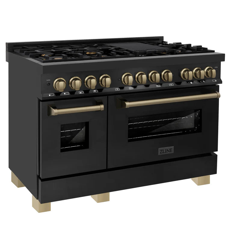 ZLINE Autograph 48" 6.0 cu. ft. Dual Fuel Range in Black Stainless Steel with Bronze Accents, RABZ-48-CB