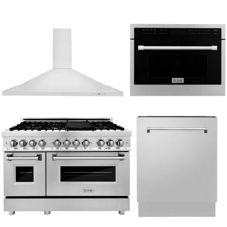 ZLINE 4-Piece Appliance Package - 48 In. Dual Fuel Range, Range Hood, Microwave Oven, 3 Rack Dishwasher, 4KP-RARH48-MODWV