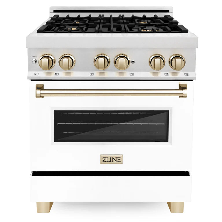 ZLINE Autograph Edition 30 in. Range, Gas Burner/Electric Oven in DuraSnow® Stainless Steel with White Matte Door and Gold Accents, RASZ-WM-30-G