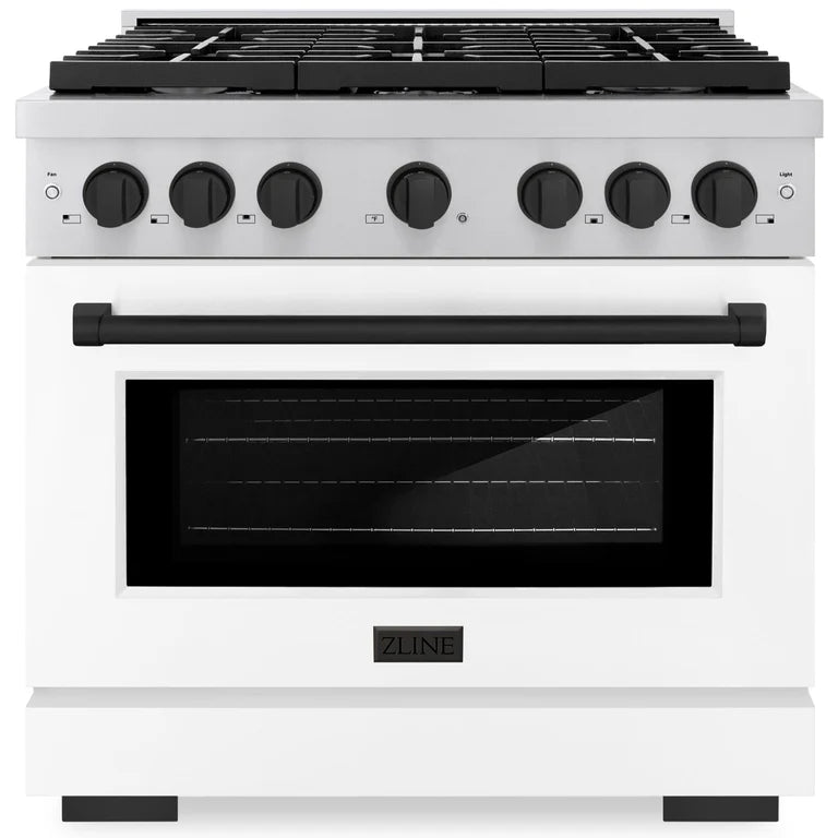 ZLINE Autograph Paramount 36" 5.2 cu. ft. Gas Range with Convection Gas Oven in Stainless Steel with White Matte Door and Matte Black Accents, SGRZ-WM-36-MB