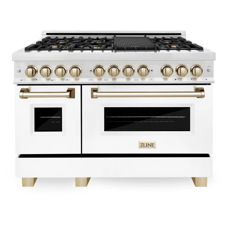 ZLINE Autograph 48 in. 6.0 cu. ft. Range, Gas Stove/Electric Oven in DuraSnow® with White Matte Door, Gold Accents, RASZ-WM-48-G