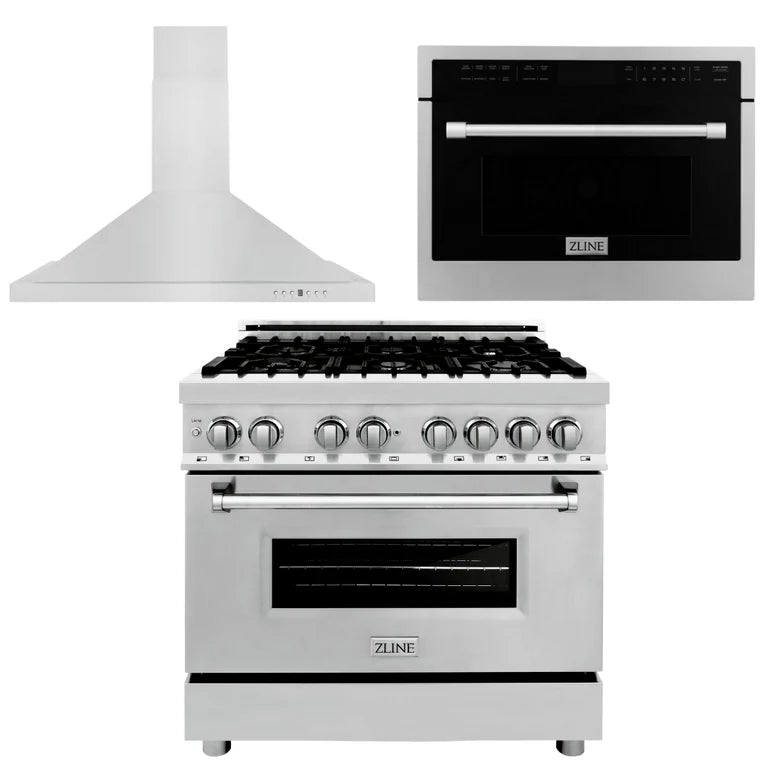 ZLINE 3-Piece Appliance Package - 36 in. Dual Fuel Range, Range Hood, Microwave Oven, 3KP-RARHC36-DWV