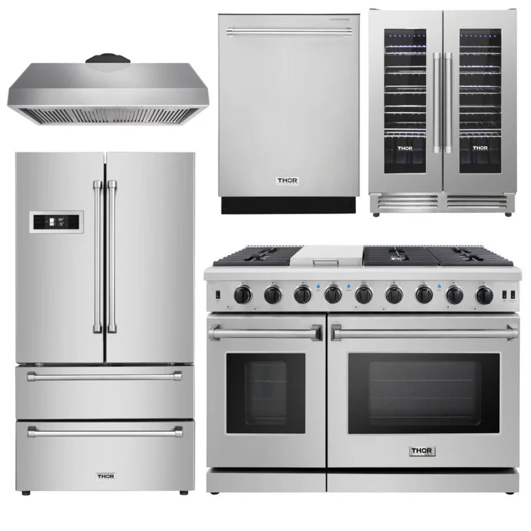 Thor Package - 48" Gas Range, Range Hood, Refrigerator, Dishwasher & Wine Cooler, AP-LRG4807U-4