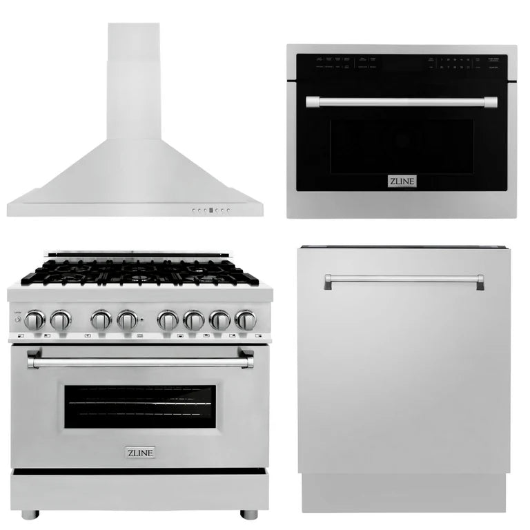 ZLINE 4-Piece Appliance Package - 36 in. Dual Fuel Range, Range Hood, Microwave Oven, Dishwasher, 4KP-RARH36-MODWV