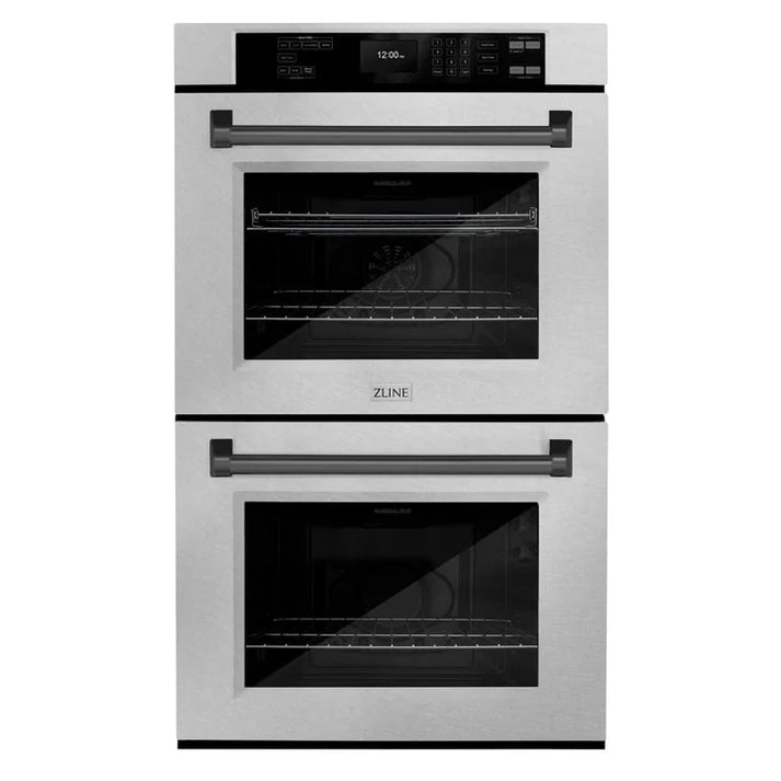 ZLINE 30" Autograph Double Wall Oven with Air Fry and Self-Clean in DuraSnow® Stainless Steel and Black Matte Handle, WADSZ-30-MB