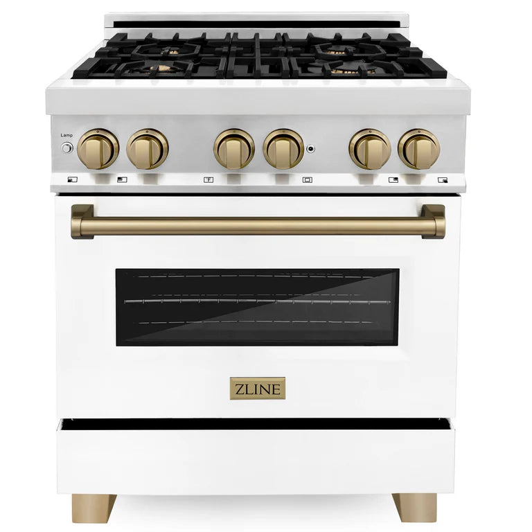 ZLINE Autograph 30" 4.0 cu. ft. Dual Fuel Range with White Matte Door and Bronze Accents, RAZ-WM-30-CB