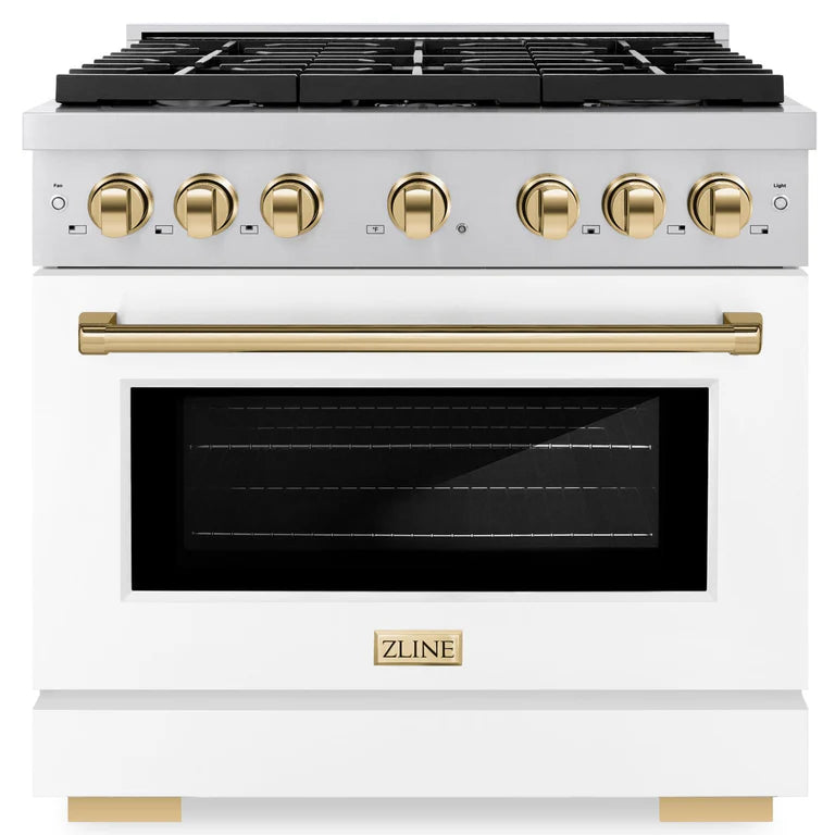 ZLINE Autograph Paramount 36" 5.2 cu. ft. Gas Range with Convection Gas Oven in Stainless Steel with White Matte Door and Bronze Accents, SGRZ-WM-36-CB