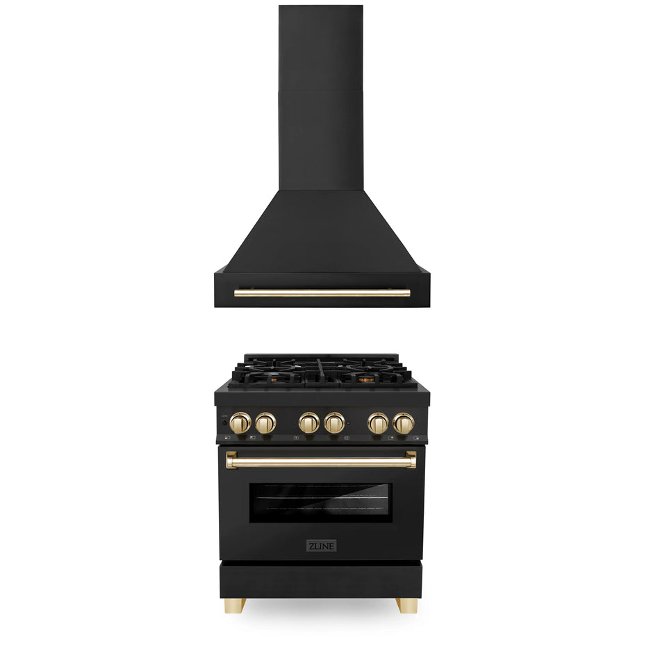 ZLINE 2-Piece 30" Autograph Edition Kitchen Package with Black Stainless Steel Dual Fuel Range and Range Hood with Gold Accents