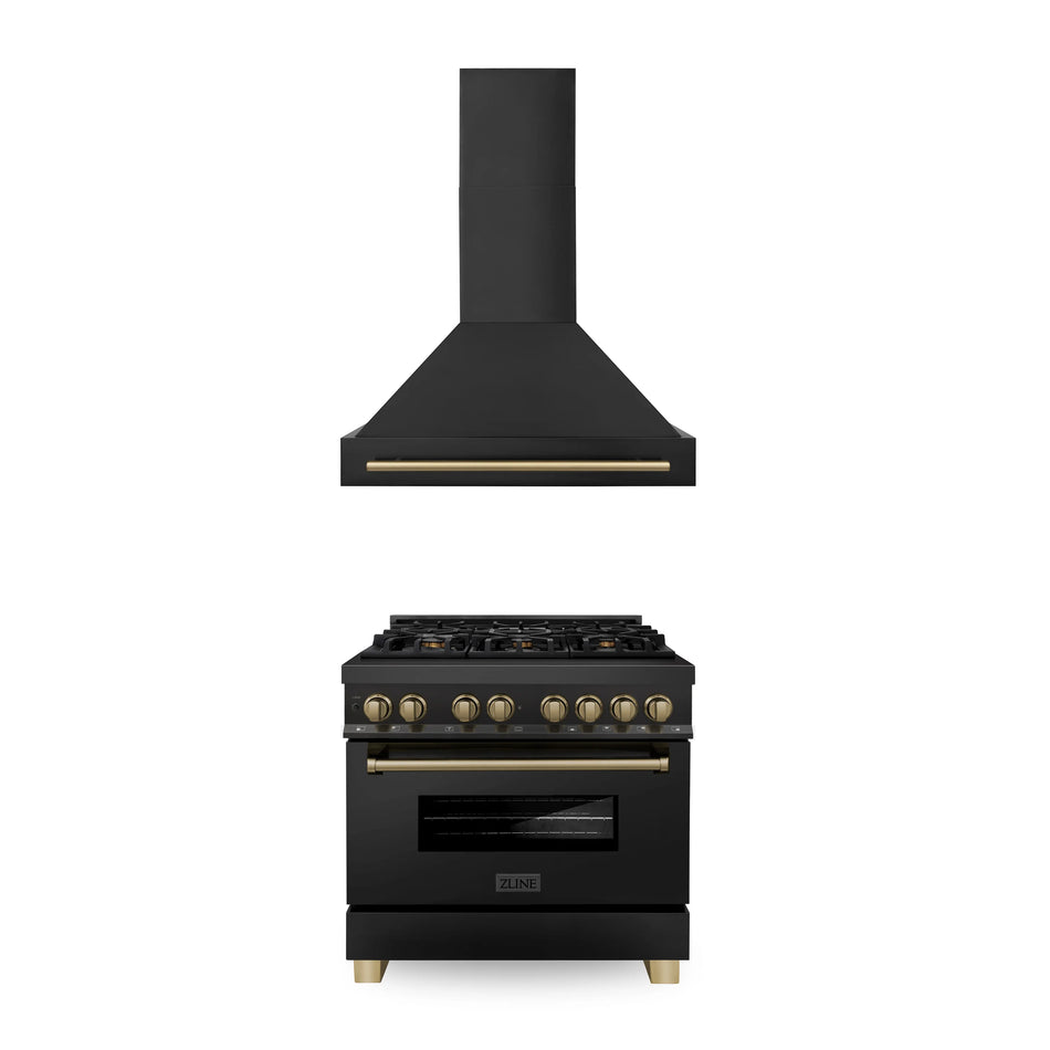 ZLINE Autograph Package - 36 In. Dual Fuel Range and Range Hood in Black Stainless Steel with Champagne Bronze Accents