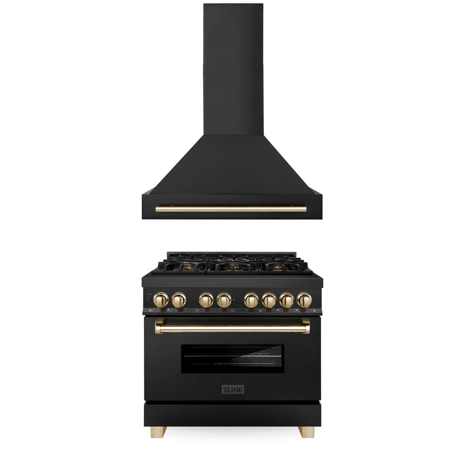 ZLINE 2-Piece 36" Autograph Edition Kitchen Package with Black Stainless Steel Dual Fuel Range and Range Hood with Gold Accents