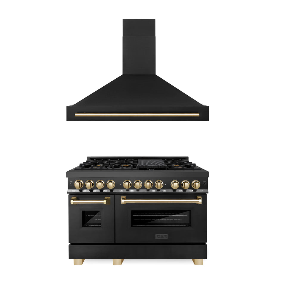 ZLINE 2-Piece 48" Autograph Edition Kitchen Package with Black Stainless Steel Dual Fuel Range and Range Hood with Gold Accents