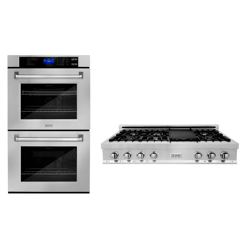 ZLINE 2-Piece Kitchen Package with 48" Stainless Steel Rangetop and 30" Double Wall Oven