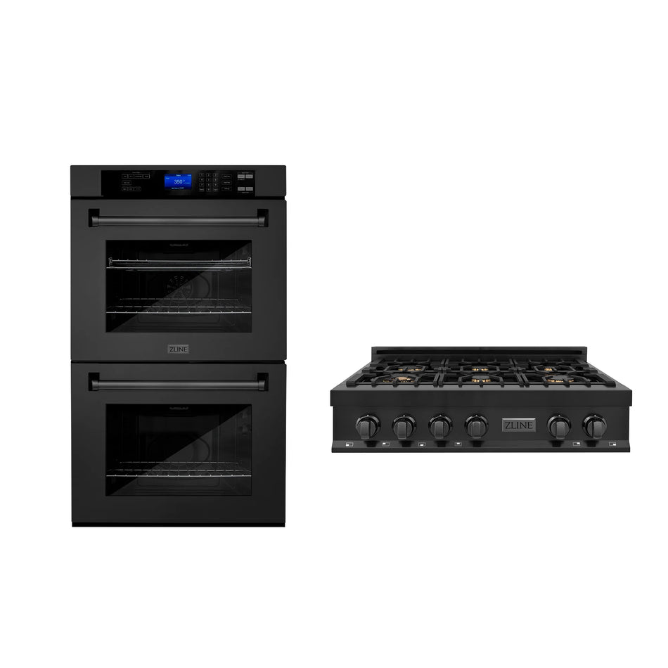 ZLINE 2-Piece Kitchen Package with 36" Black Stainless Steel Rangetop and 30" Double Wall Oven