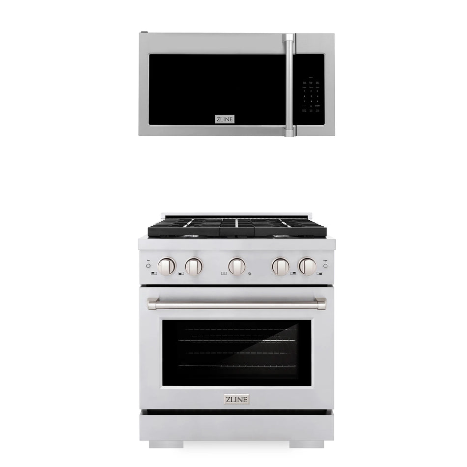 ZLINE 2-Piece 30" Kitchen Package Stainless Steel Gas Range and Over The Range Microwave with Traditional Handle