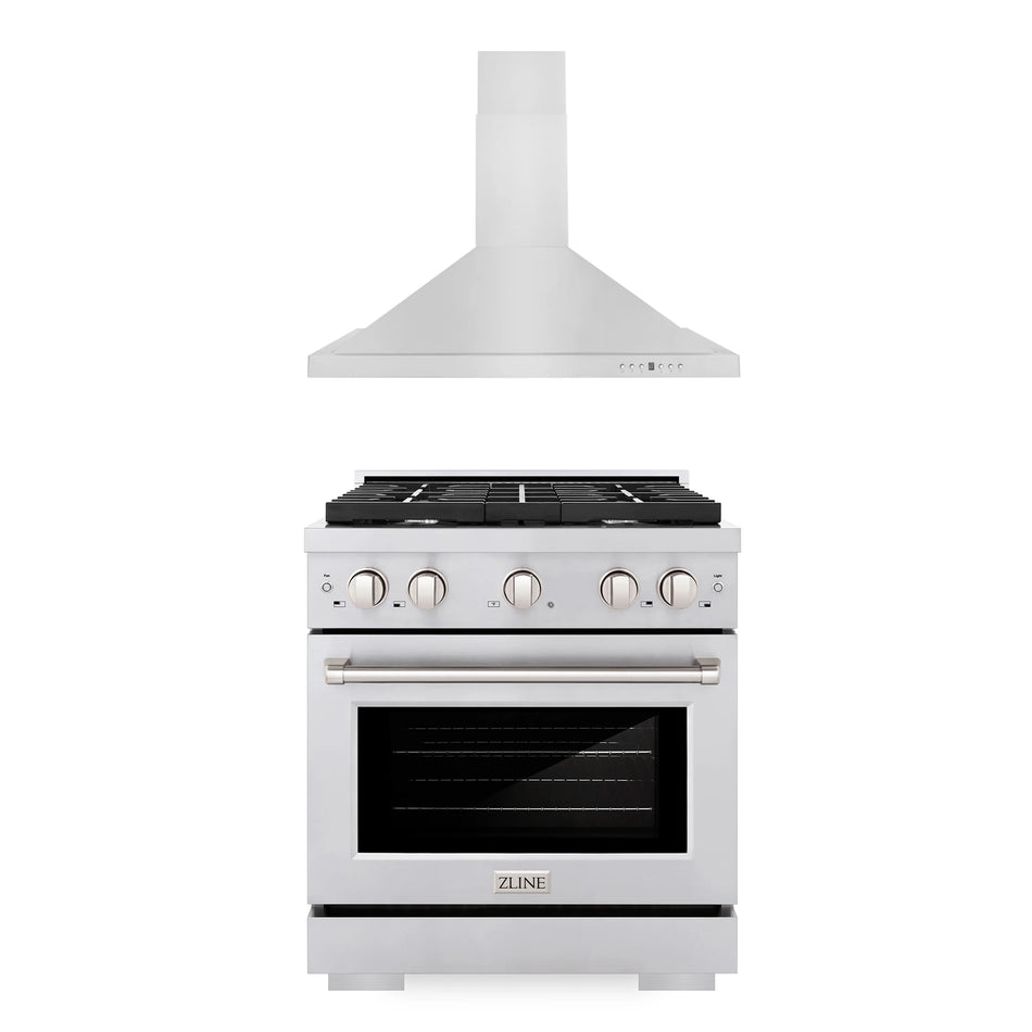 ZLINE 2-Piece 30" Kitchen Package with Stainless Steel Gas Range and Convertible Vent Range Hood