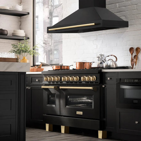 ZLINE BS655Z-48-CB range hood installed in modern kitchen with black stainless finish and bronze handle