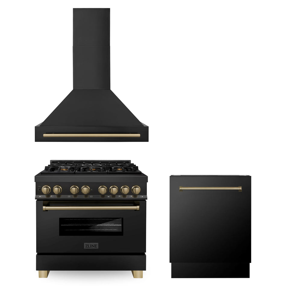 ZLINE Autograph Package - 36 In. Dual Fuel Range, Range Hood, Dishwasher in Black Stainless Steel with Champagne Bronze Accent